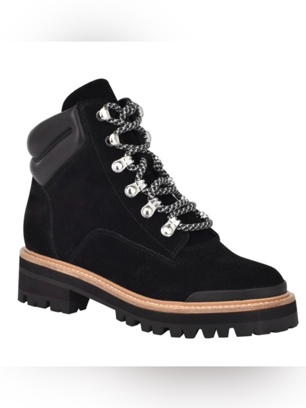 Marc Fisher Black Suede Lug Sole Hiker Boot with Tan Welt